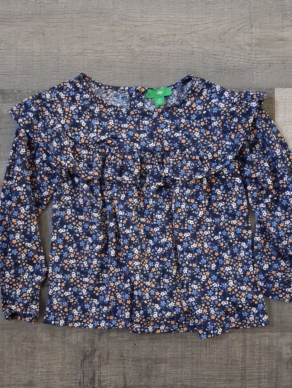dip Navy Floral Ruffle Long-Sleeve Top with Orange & White Accents